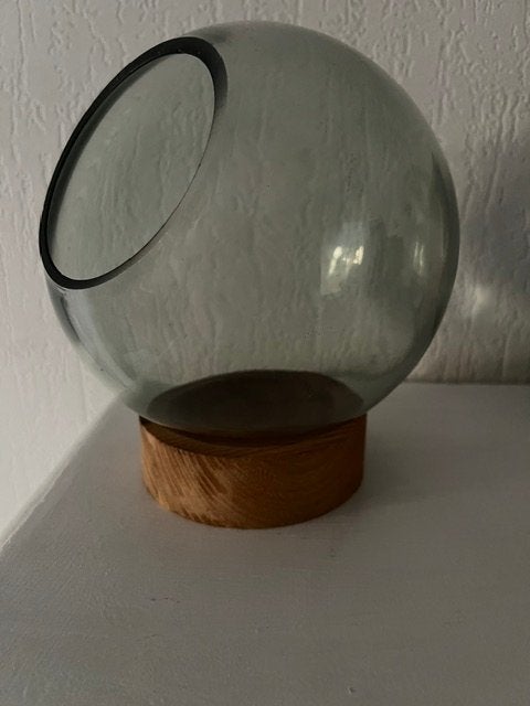 Glazen bollen vaas op houten plateau, Ophalen of Verzenden, Zo goed als nieuw, Transparant, Glas