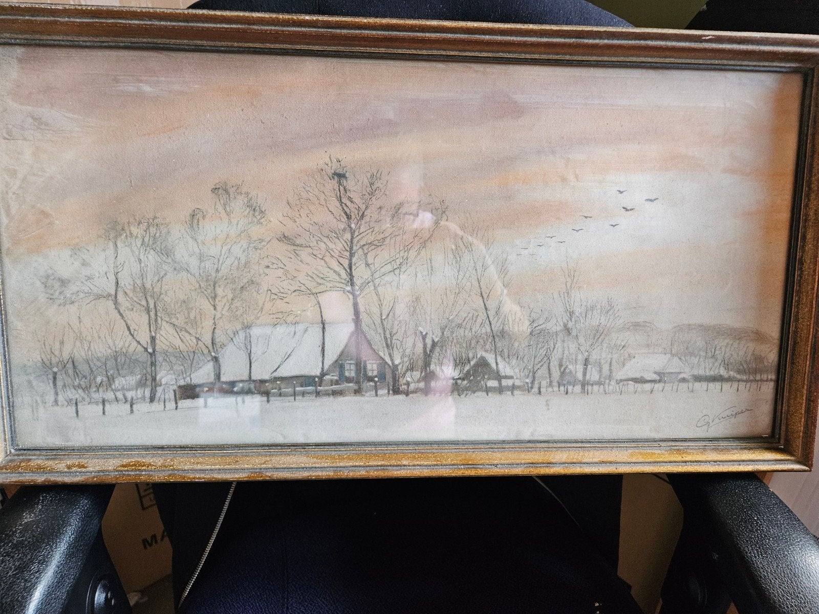 Sfeervol winters landschap aquarel - Gesigneerd, Realistisch, Ophalen of Verzenden, Landschap, Gesigneerd