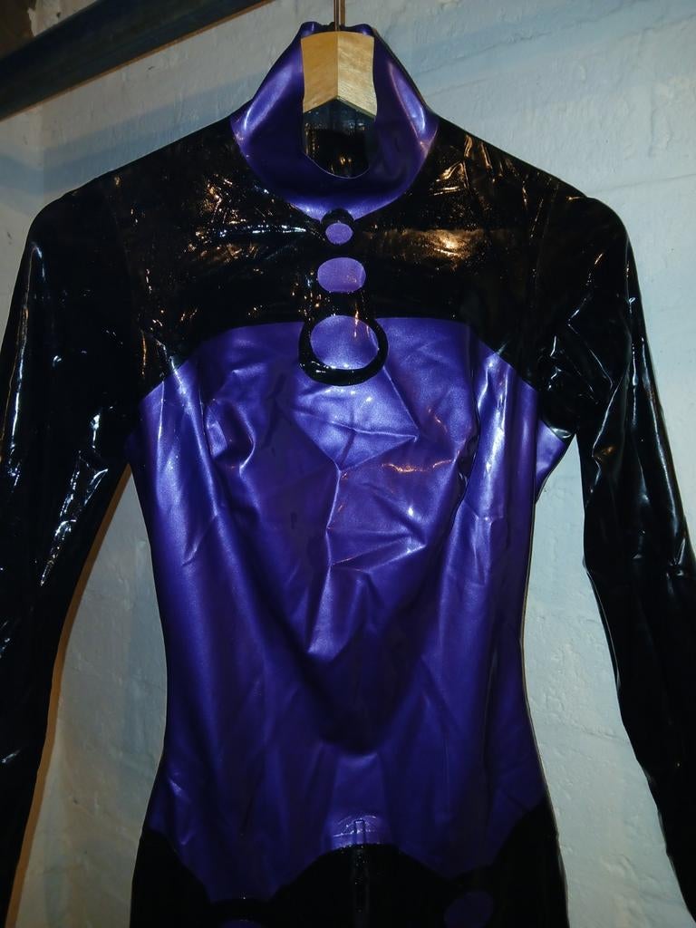 Libidex Latex Catsuit Paars Zwart Maat S, Verzenden