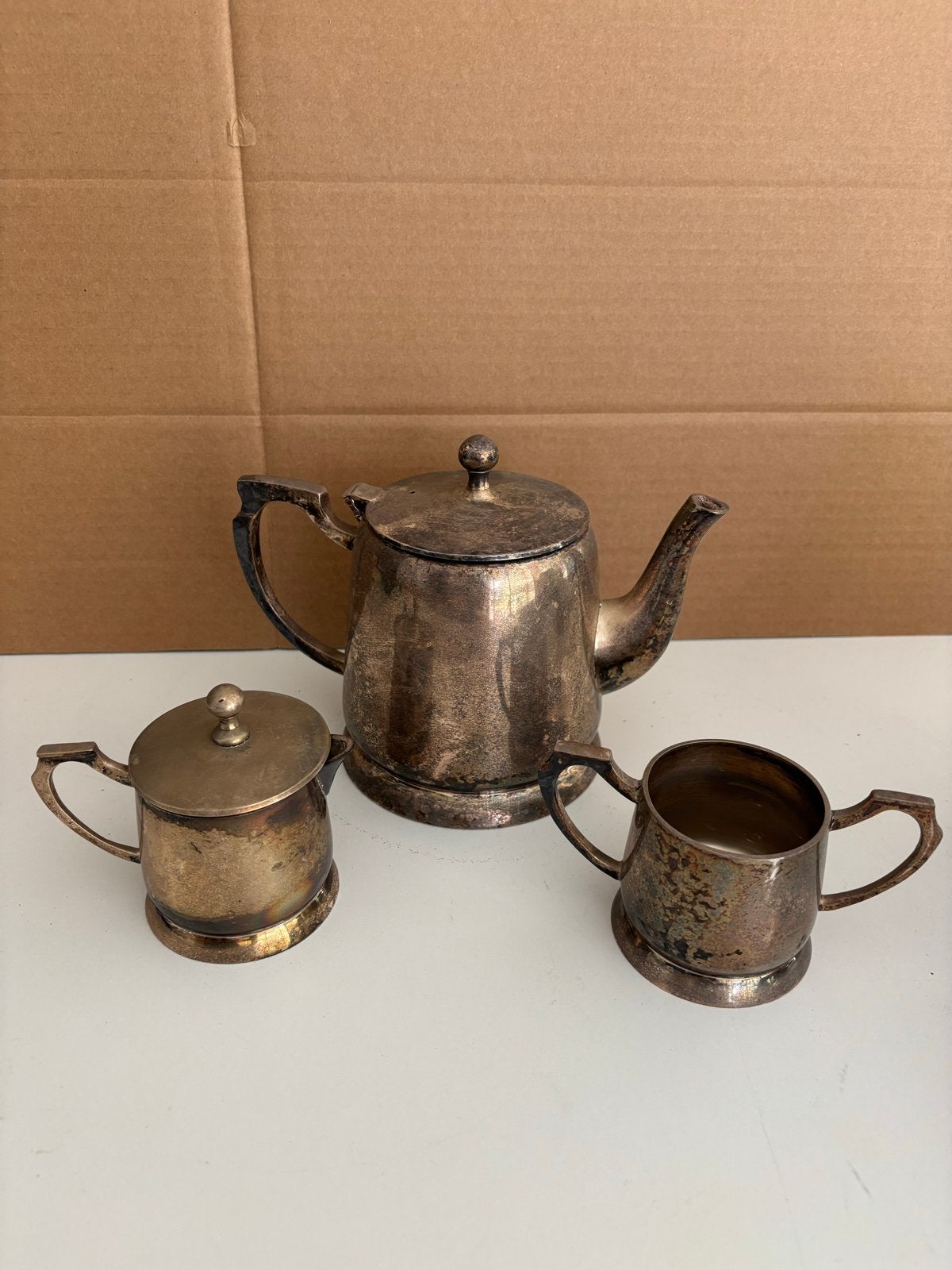 Antieke verzilverde theeset - theepot, suikerpot, melkkan, Ophalen of Verzenden