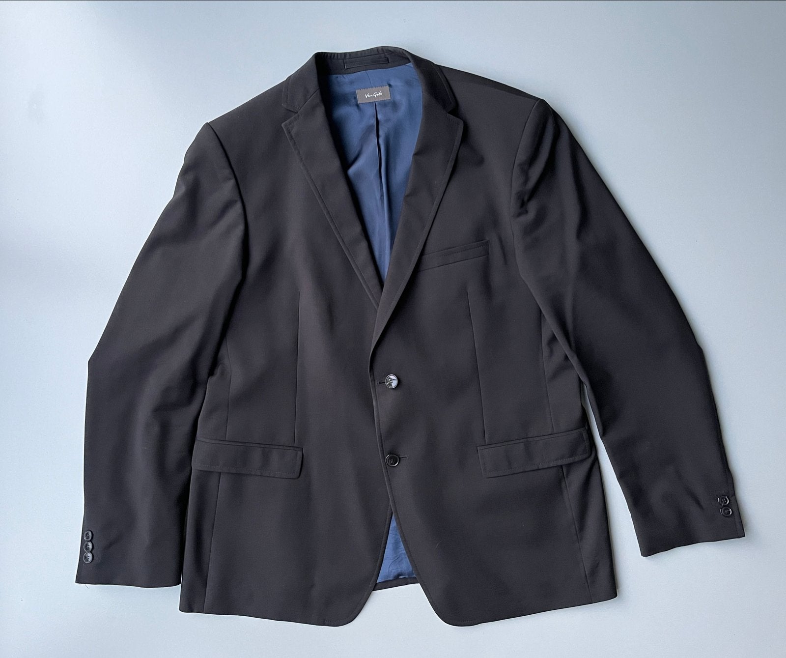 Van Gils zwart pak 100% scheerwol | blauwe voering - mt 56, Ophalen of Verzenden, Gedragen, Maat 56/58 (XL), Zwart
