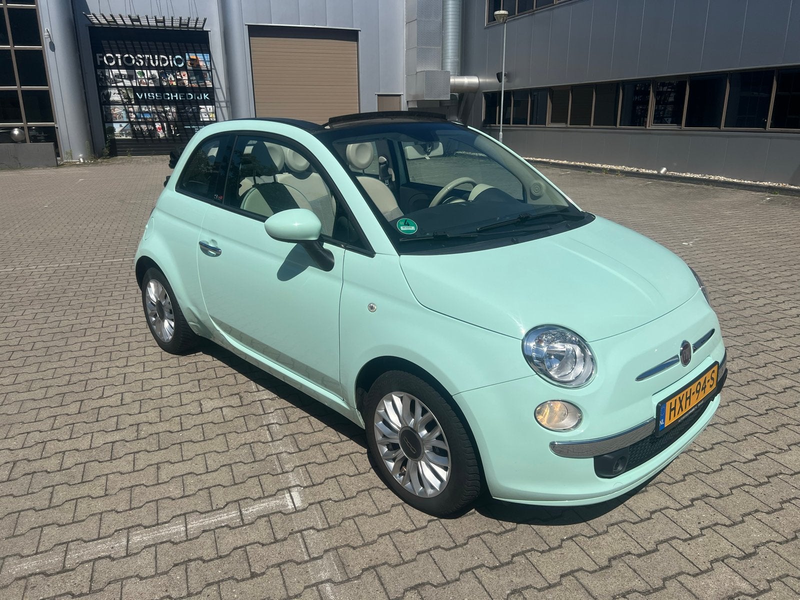 Fiat 500c 1.2  2014 Groen cabrio, Auto's, Voorwielaandrijving, 4 cilinders, Cabriolet, Leder en Stof