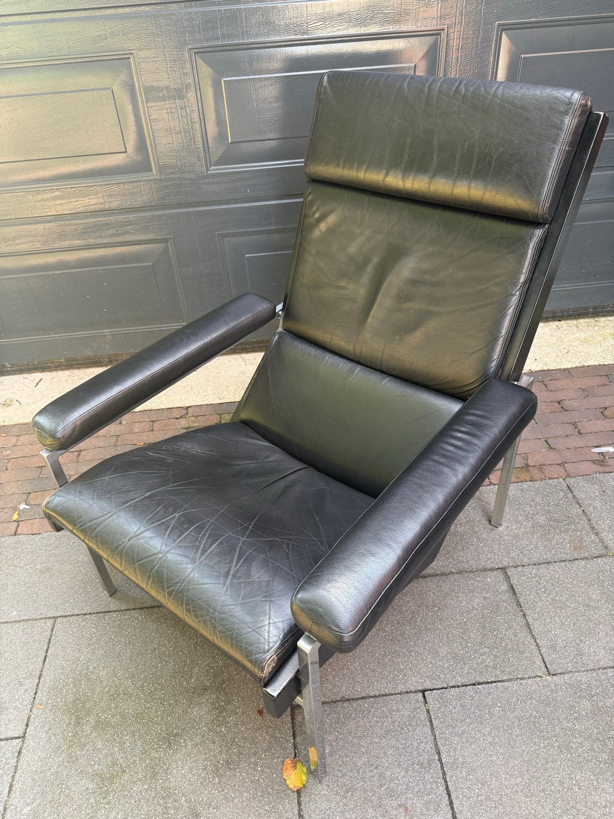 Vintage Lotus fauteuil - Zwart leer en chroom, Ophalen