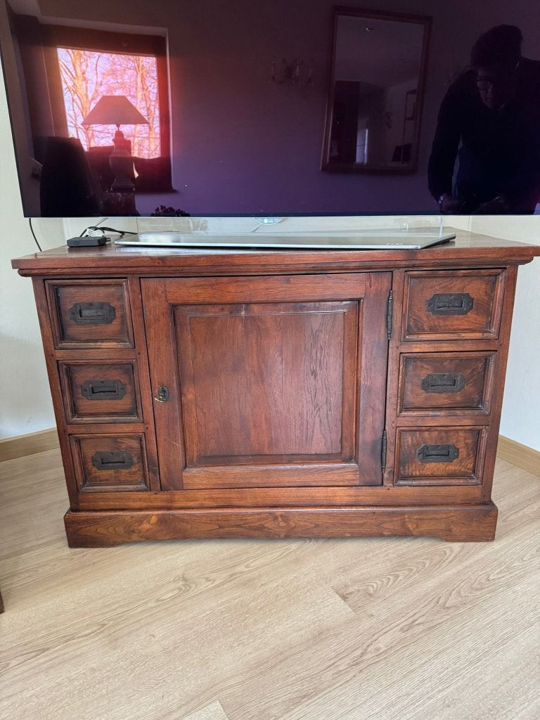 TEAK DRESSOIR TV-MEUBEL - lage kast met CD / DVD lades, Ophalen, Gebruikt, 100 tot 150 cm, Wilms