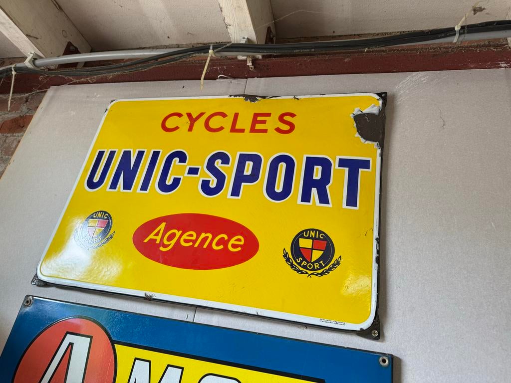 Vintage Emaille Bord Cycles Unic-Sport Agence, Reclamebord, Gebruikt, ., Ophalen of Verzenden