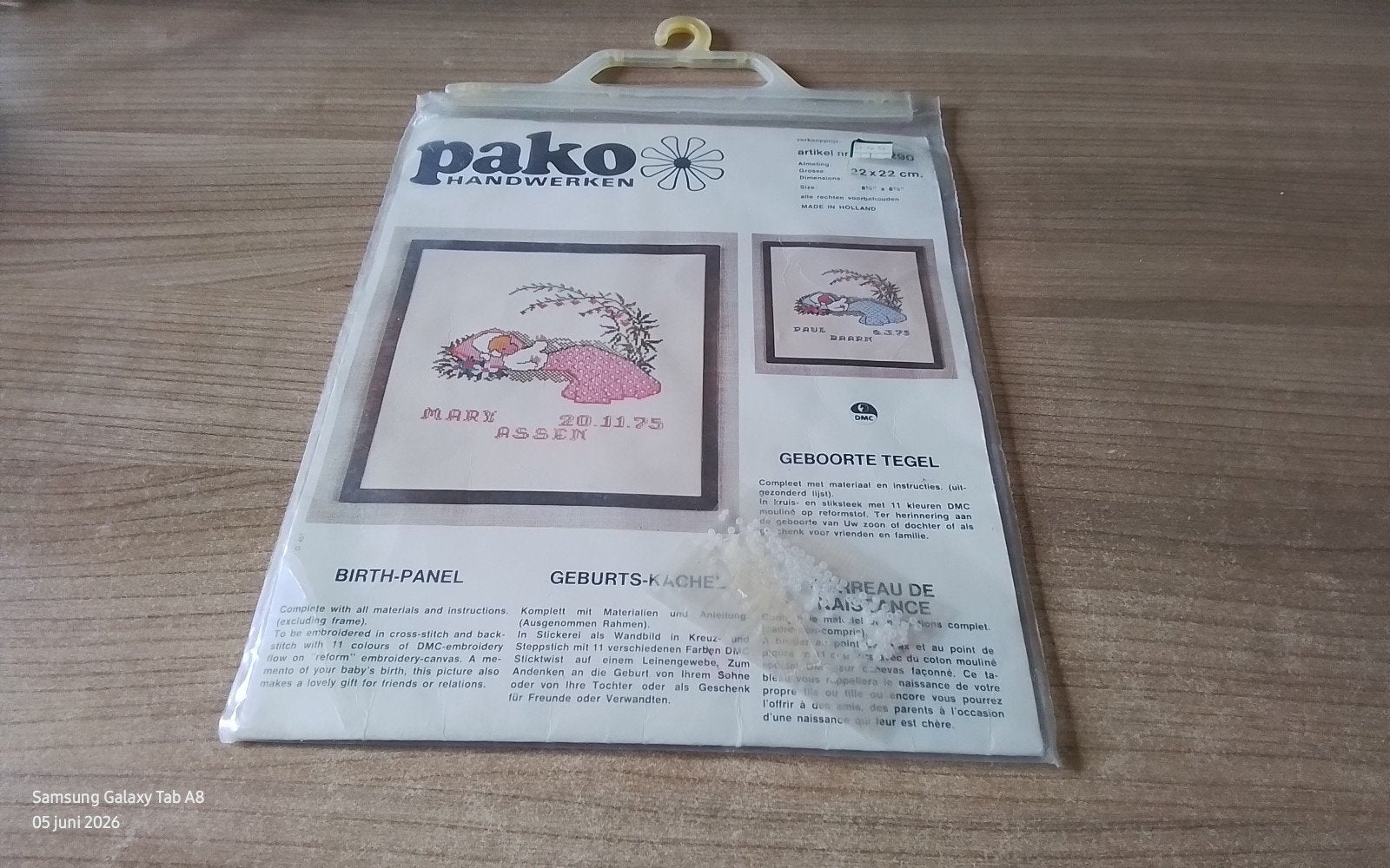 Pako Handwerken Geboortetegel Borduurpakket DMC Garen, Ophalen of Verzenden, Nieuw, Handborduren, Borduurpakket