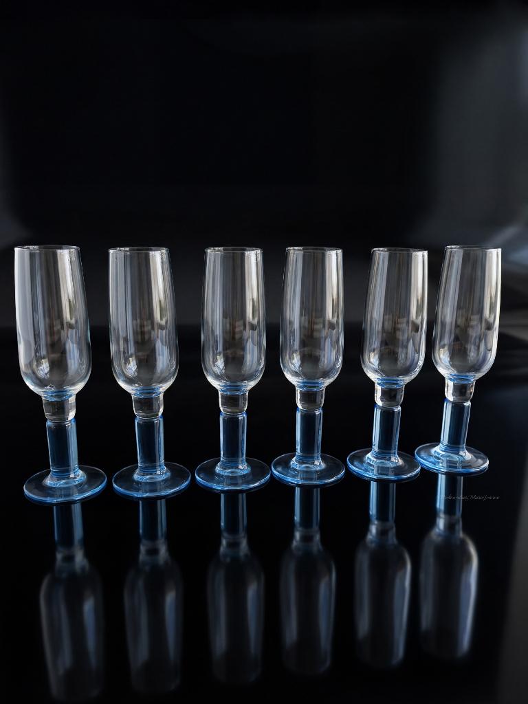 6x champagne glazen Bormioli Rocco, blauwe stam en voet, Verzamelen, Glas en Borrelglaasjes, Ophalen of Verzenden, Nieuw, Overige typen