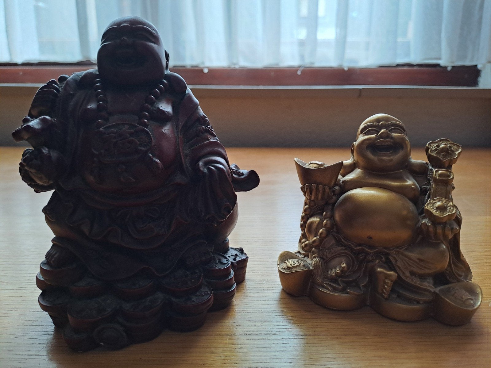 Set van 2 lachende Boeddha beelden - Geluk en voorspoed, Overige onderwerpen, Minder dan 20 cm, Kunststof, Ophalen of Verzenden