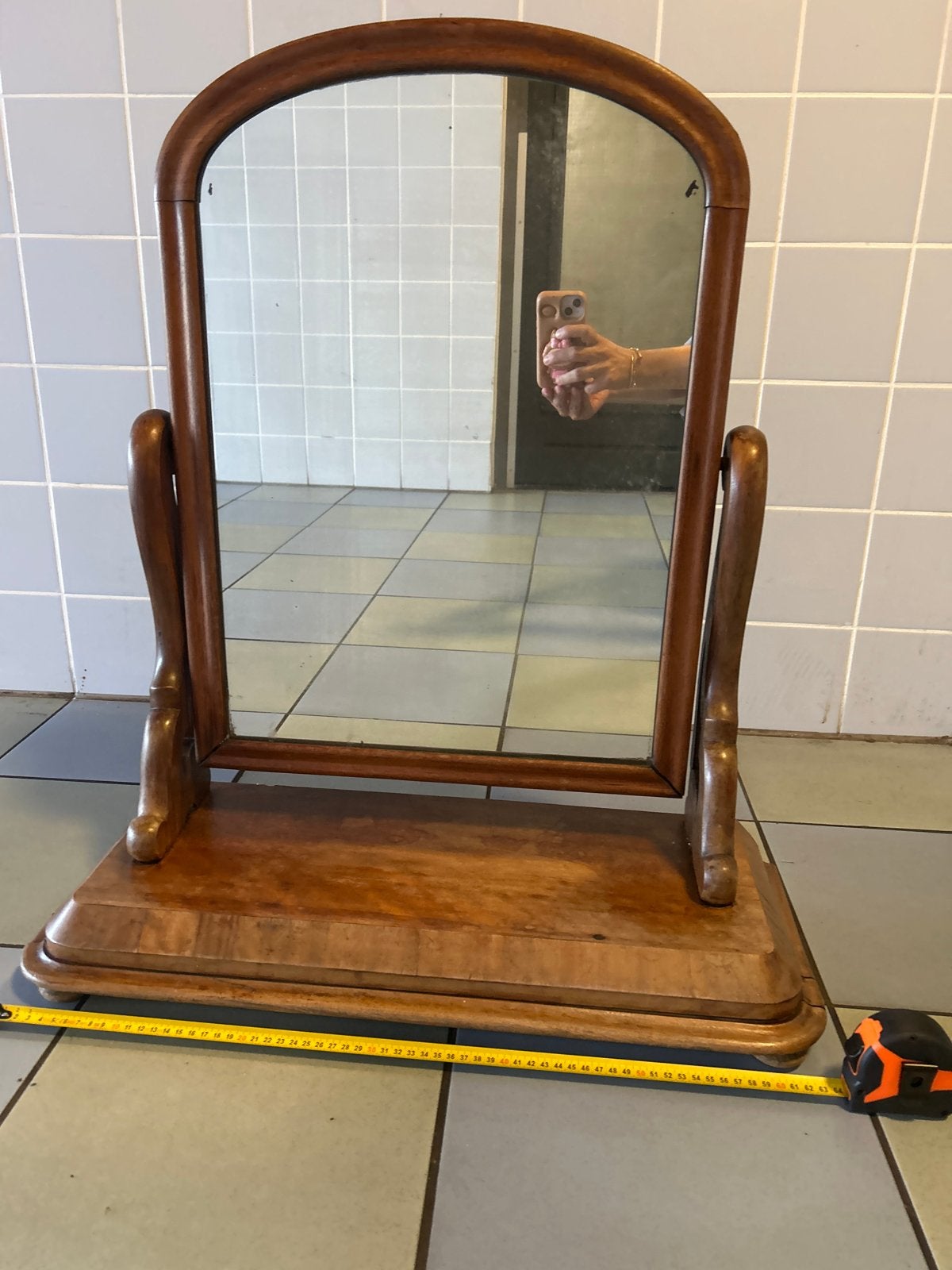 Robuuste Antieke Tafelspiegel met Houten Frame, Antiek en Kunst, Ophalen of Verzenden, Rechthoekig, 50 tot 100 cm, Minder dan 100 cm