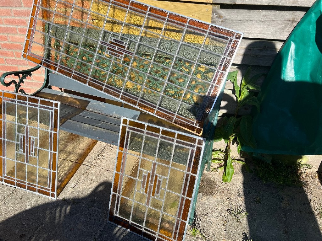 Setje antiek oude glas in lood panelen, Antiek en Kunst, Curiosa en Brocante, Ophalen
