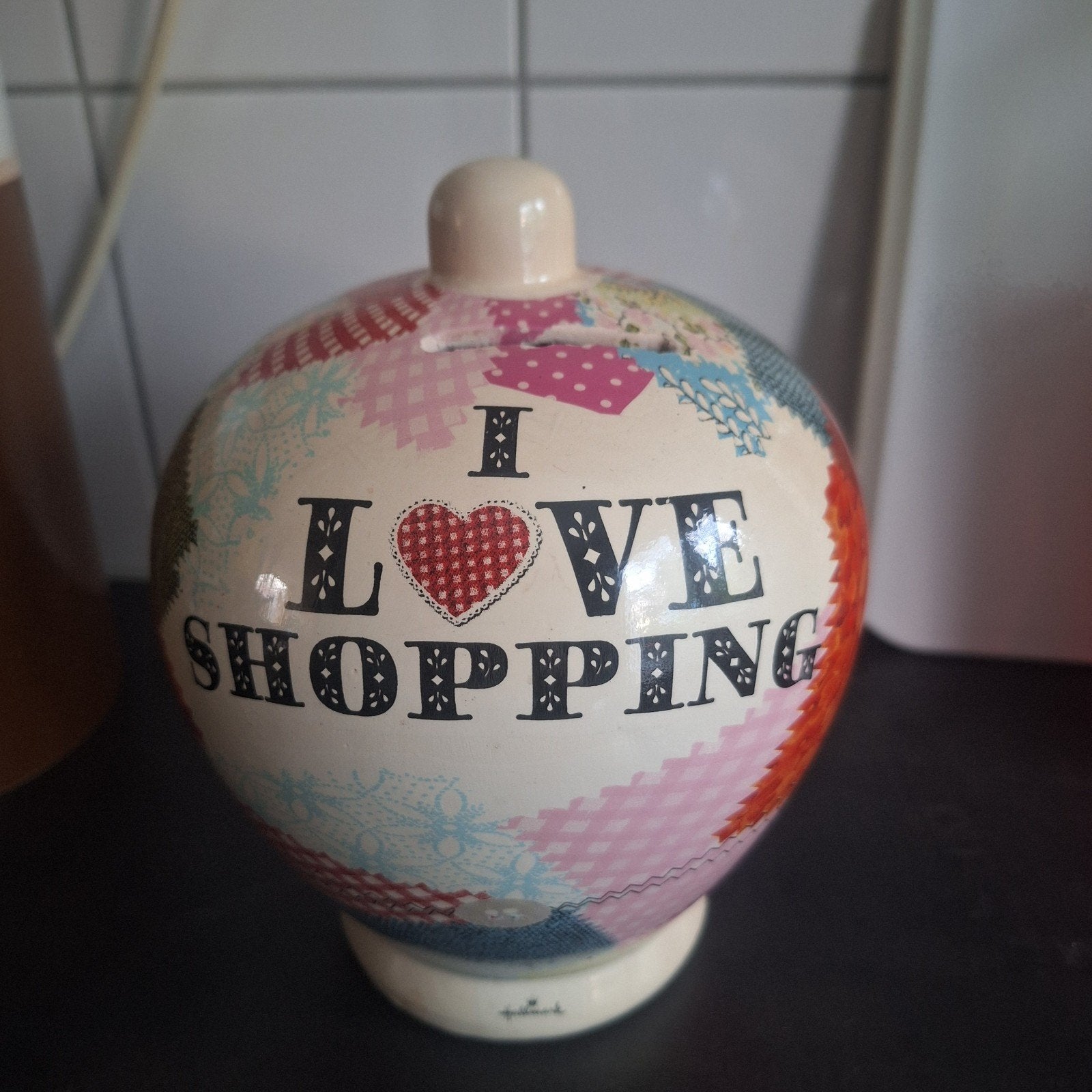 Hallmark Spaarpot "I Love Shopping" - Breekbaar, Ophalen of Verzenden, Gebruikt, Steen, Aardewerk of Keramiek, Overige thema's