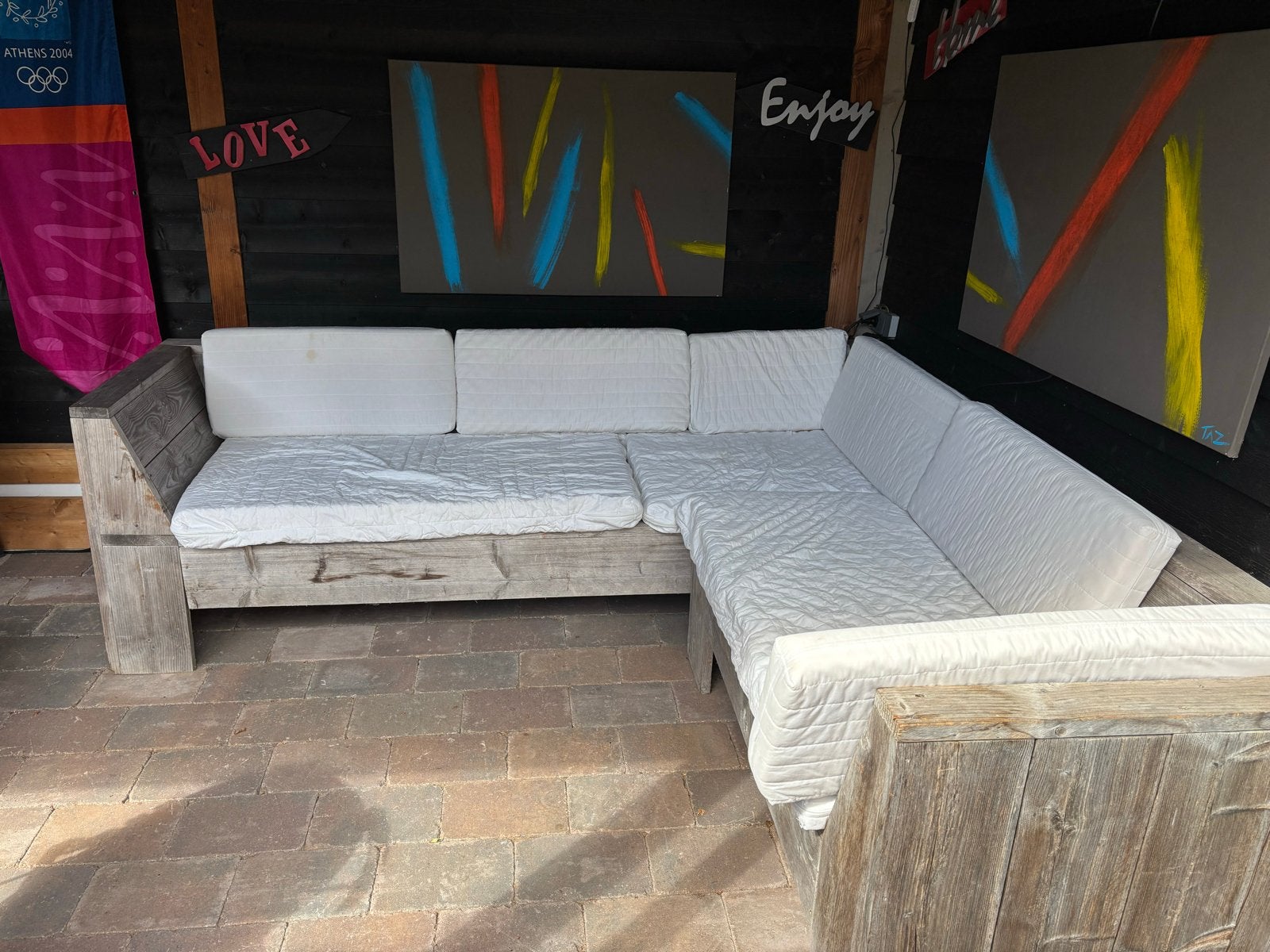 Bijna gratis Steigerhouten Loungebank met Kussens, Tuin en Terras, Ophalen, Zo goed als nieuw, Hout