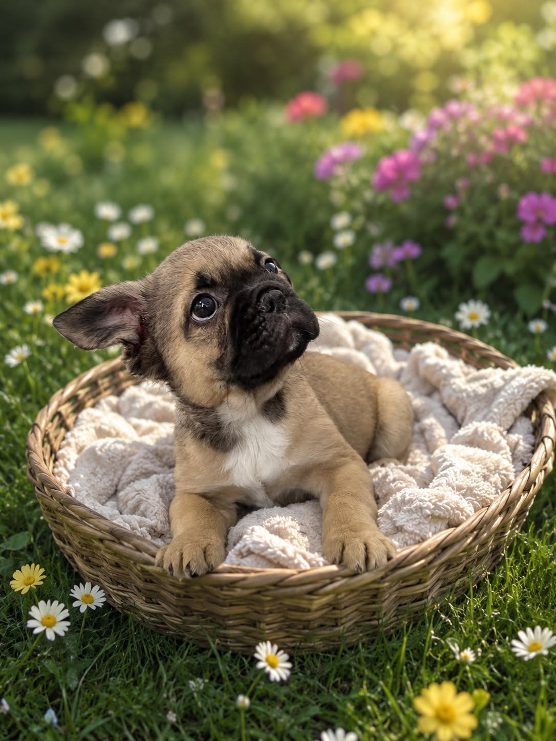 Franse bulldog fluffy tricolor pup, Dieren en Toebehoren, 15 weken tot 1 jaar, Reu, Parvo, Bulldog