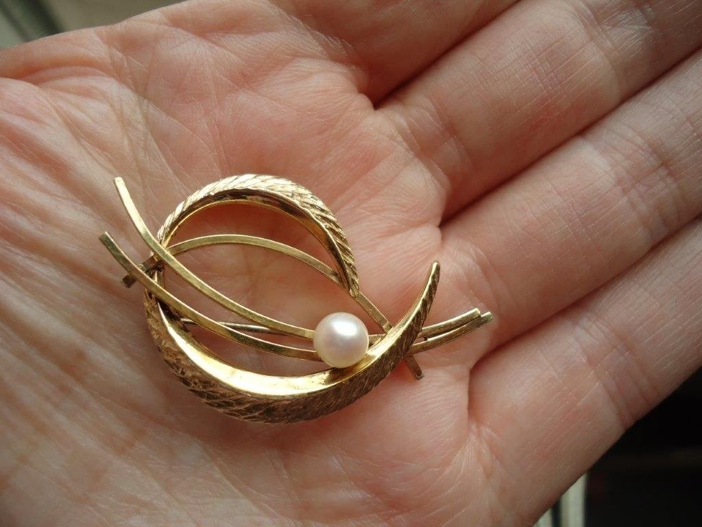 mooie echt zilveren broche goud verguld met parel K&L, 4 tot 7 cm, Ophalen of Verzenden, Zo goed als nieuw, Zilver