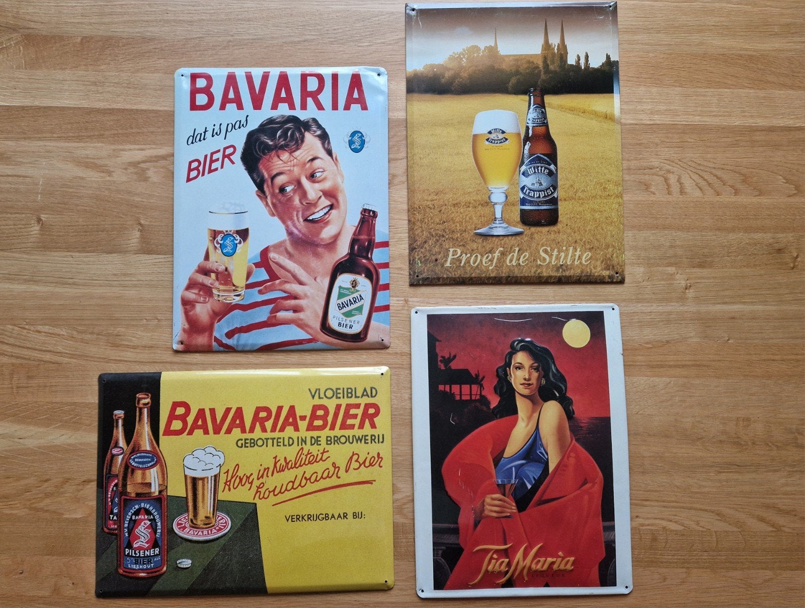 4 blikken (bier) reclameborden, Ophalen of Verzenden, Gebruikt, Reclamebord