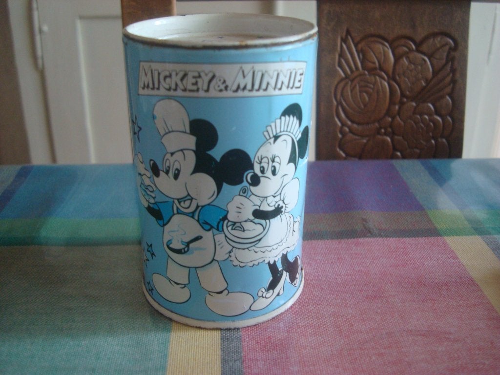 vintage blikken spaarpot Disney Mickey& Minnie, Verzamelen, Disney, Ophalen of Verzenden, Mickey Mouse, Gebruikt, Overige typen