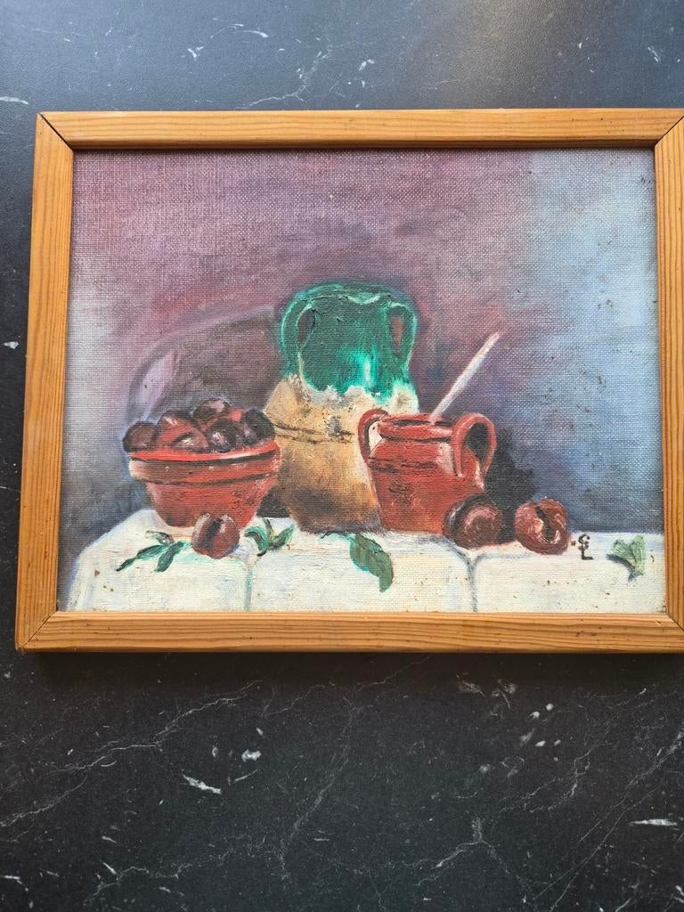 Vintage stilleven schilderij met fruit en kruiken, Ophalen of Verzenden