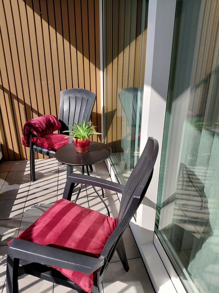 Tuinstoelen, kussens en tafeltje, Tuin en Terras, Ophalen, Gebruikt, Kunststof