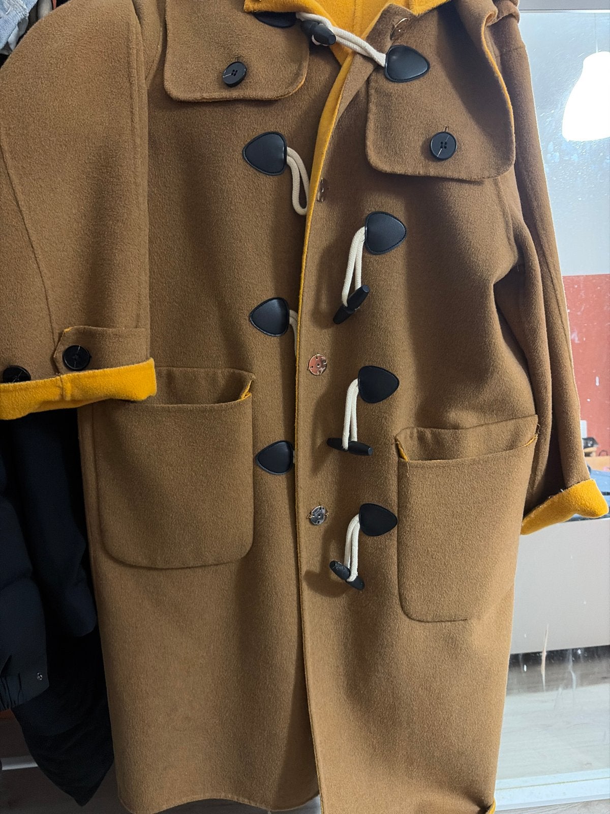 Zara Duffle Coat Bruin met Gele Voering, Ophalen of Verzenden, Zo goed als nieuw, Maat 38/40 (M), Bruin