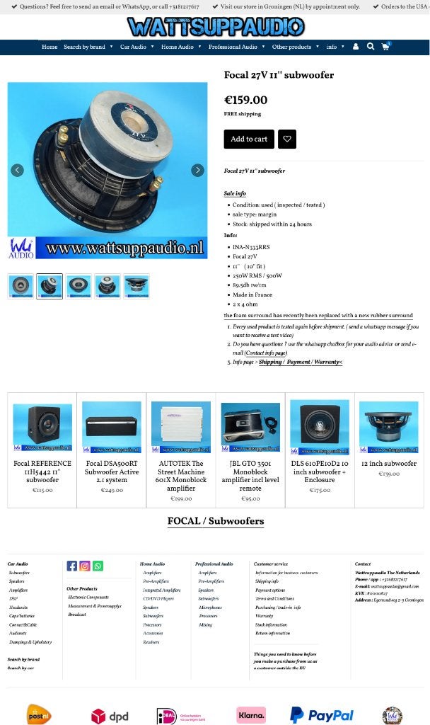 Focal 27V 11'' subwoofer / Made in France, Auto diversen, Autospeakers, FOCAL, Gebruikt, ., Ophalen of Verzenden