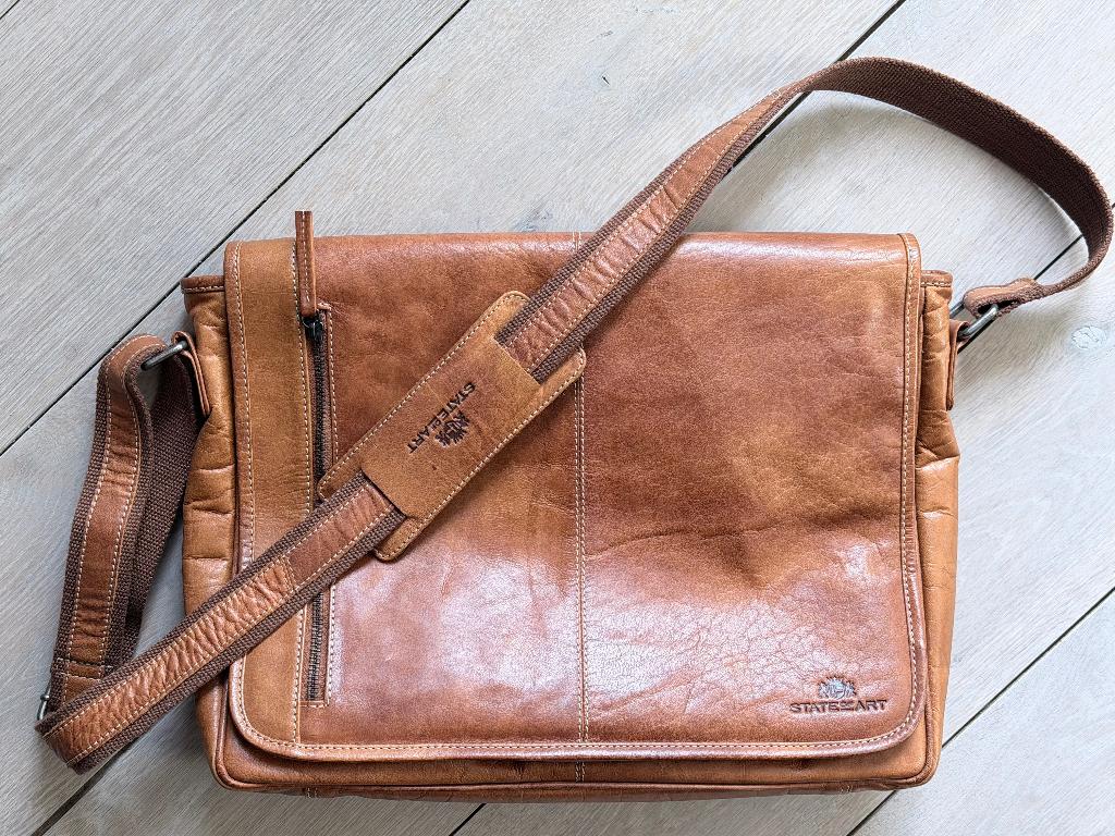 Leren "State of Art" schoudertas kleur: cognac, Overige merken, Bruin, Ophalen of Verzenden, Zo goed als nieuw
