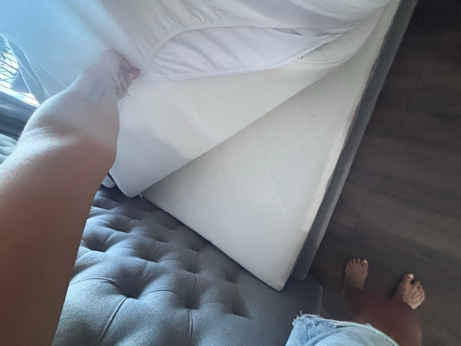Grote grijze boxspring 180x200 met topper, z.g.a.n., Huis en Inrichting, Tweepersoons, Ophalen of Verzenden, Zo goed als nieuw