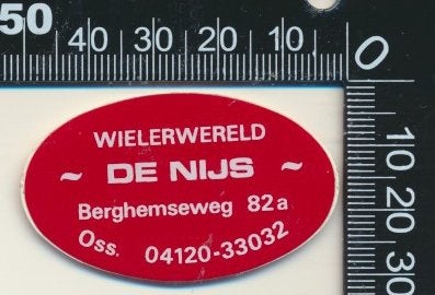 Sticker: Wielerwereld De Nijs - Oss, Ophalen of Verzenden, Zo goed als nieuw, Bedrijf of Vereniging