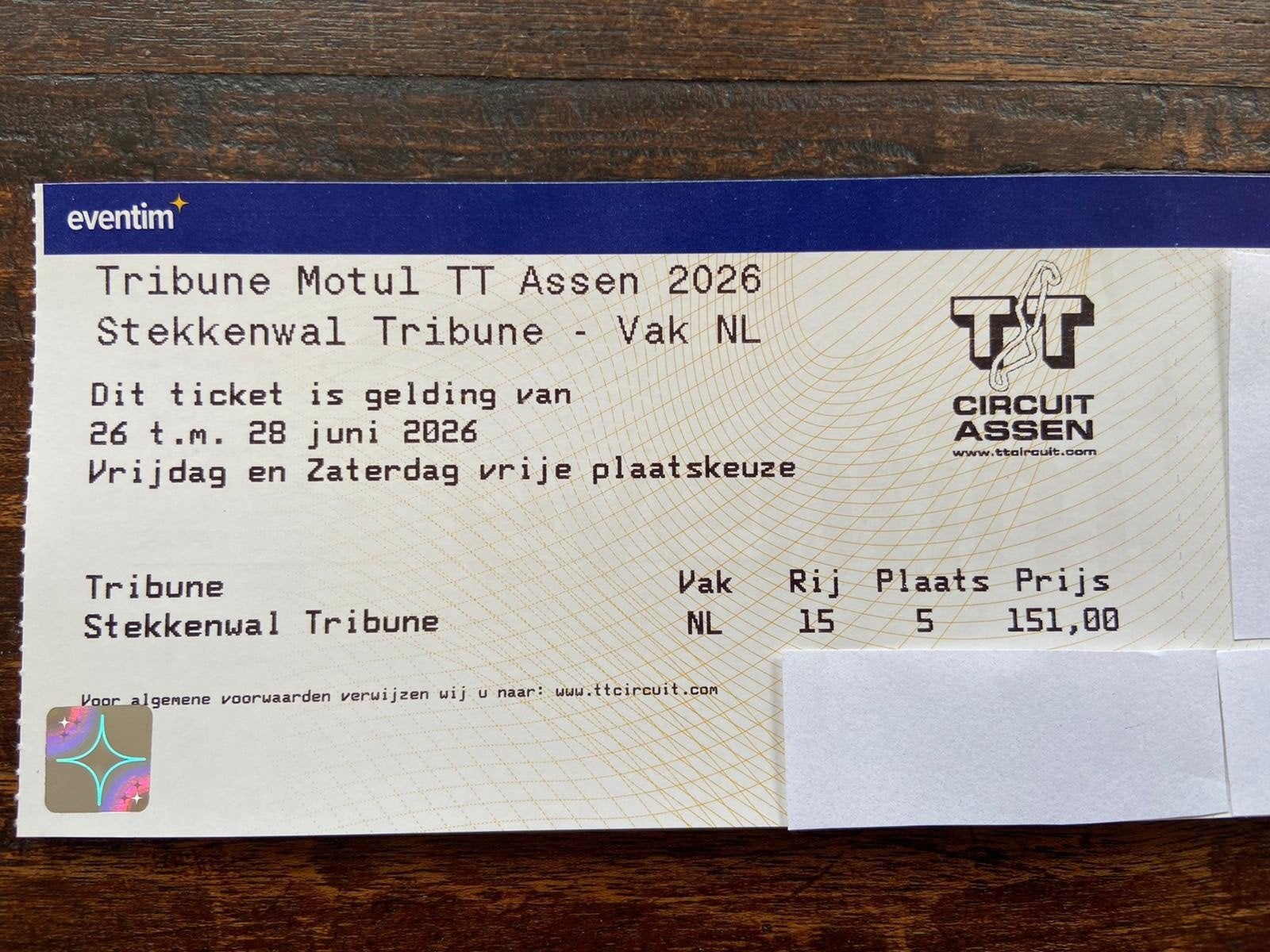 TT Assen passe-partout ticket Stekkenwal te koop, Eén persoon