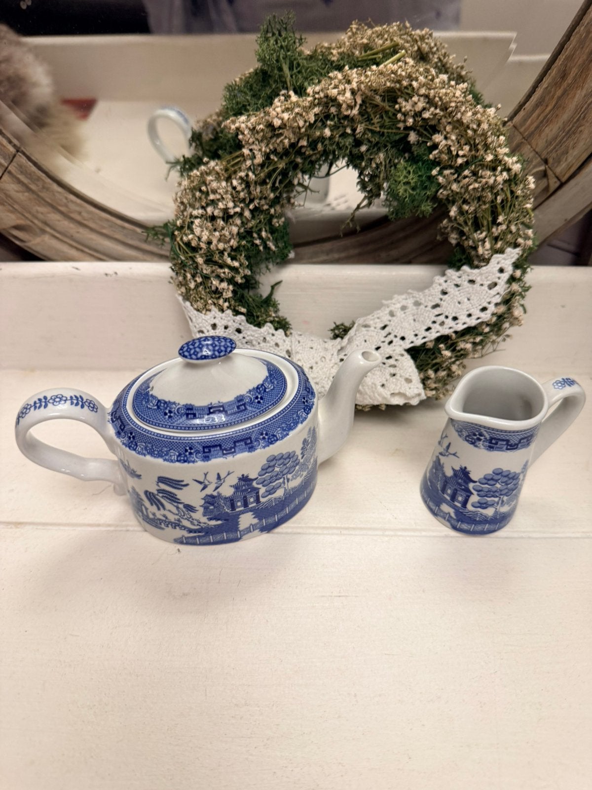 Spode Willow miniatuur theepot en kan blue collectie, Antiek en Kunst, Ophalen