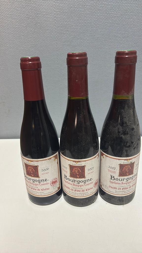 3 flessen Bourgogne rode wijn 0,375 - 2006 & 2007, Verzamelen, Wijnen, Gebruikt, Frankrijk, Ophalen of Verzenden, Rode wijn
