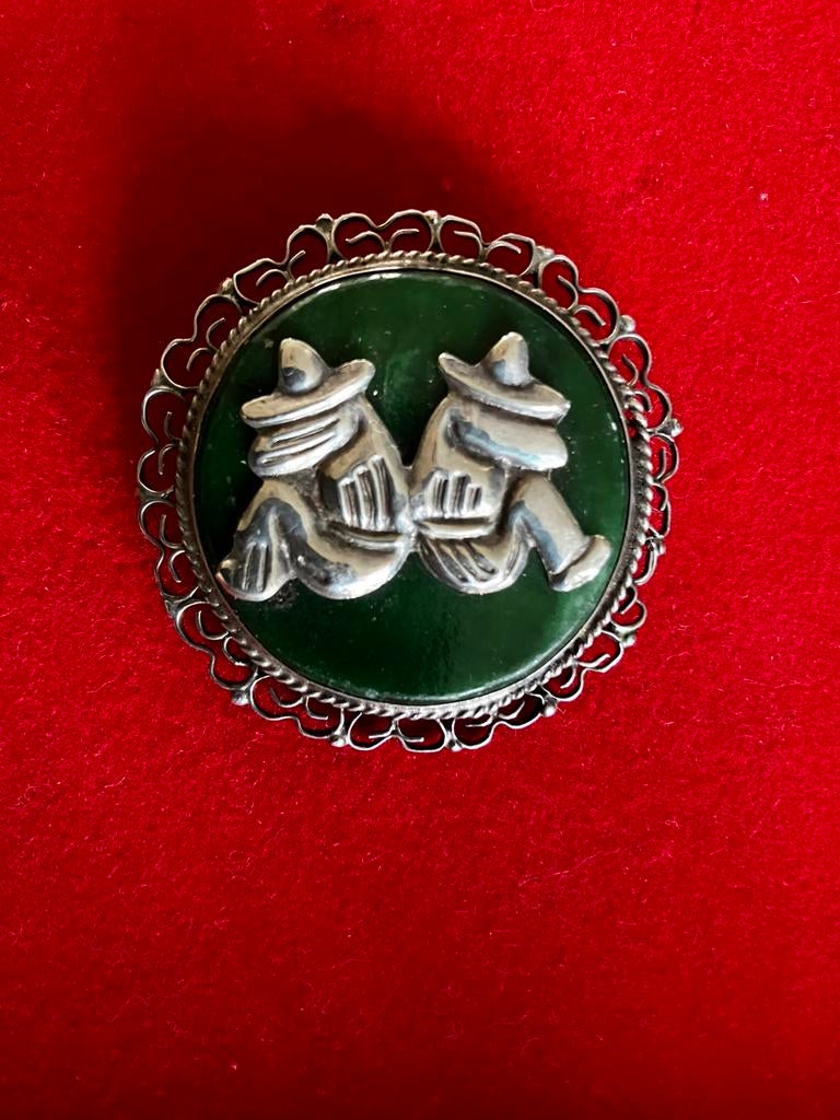 Vintage broche / hanger Mexico zilver 925 met jade, Sieraden, Tassen en Uiterlijk, Antieke sieraden, Ophalen of Verzenden, Zilver