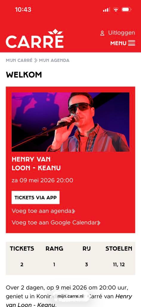 2x Henry van Loon - Keanu in Carré a.s. zaterdag 09 mei, Twee personen