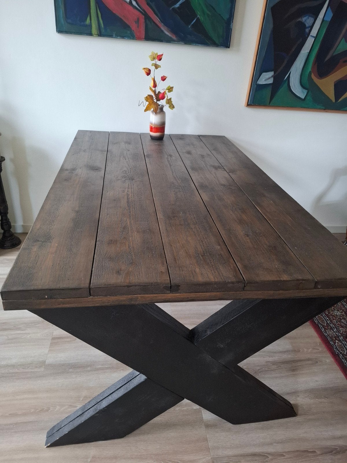Robuuste houten eettafel 160x100 cm met X-poten, Ophalen, Gebruikt, Industrieel, Landelijk, 50 tot 100 cm