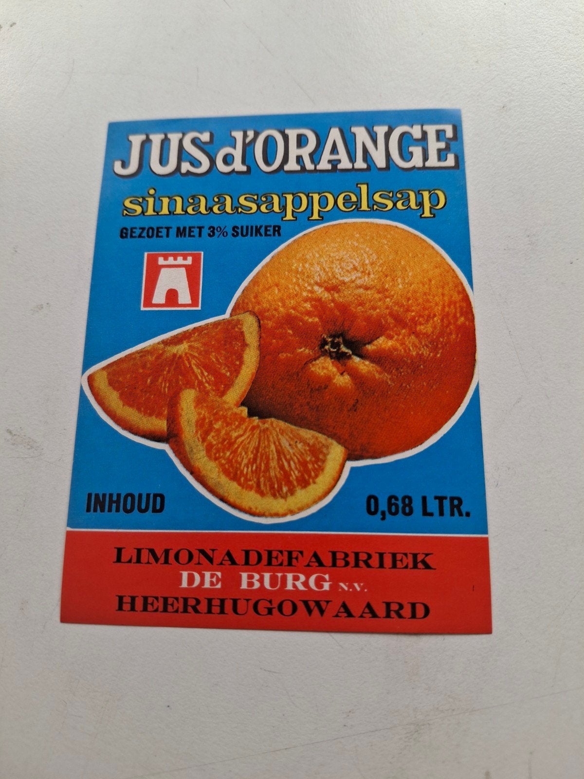 etiket Sinaasappelsap limonade fabriek de Burg Heerhugowaard, Ophalen of Verzenden, Zo goed als nieuw, Overige typen