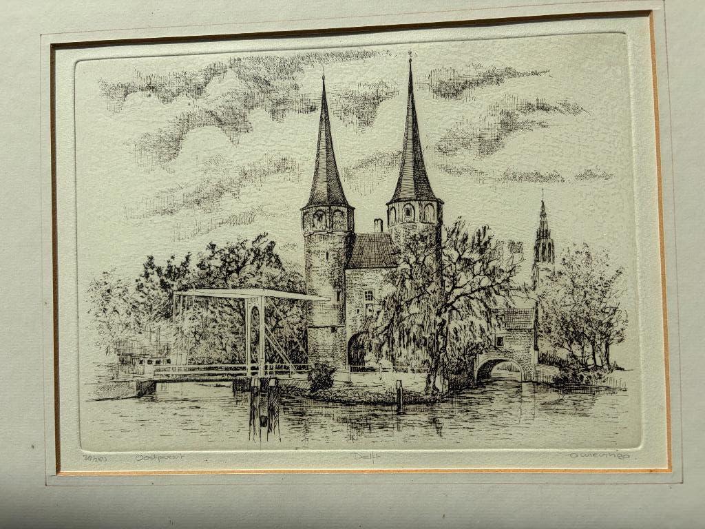 Handgesigneerde ets Oostpoort Delft – A. Wieringa 38/250, Antiek en Kunst, Ophalen