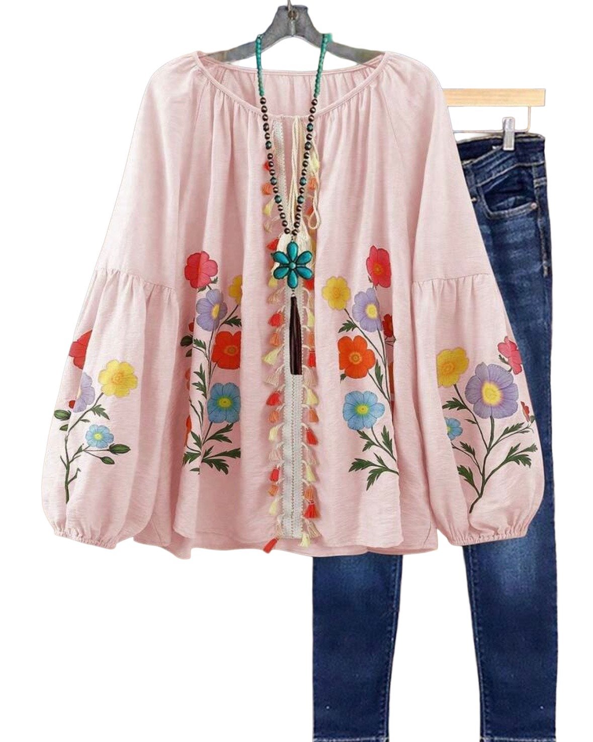 blouse met bloemenprint en kwastjes Roze (44-52), Kleding | Dames, Grote Maten, Verzenden, Nieuw, Roze, Blouse of Tuniek