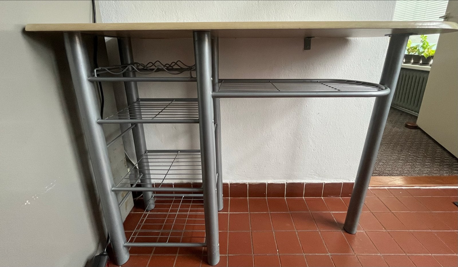 Bartafel met 2 krukken - Metaal en Hout, Ophalen, Gebruikt, Met voetsteun, 90 cm of meer