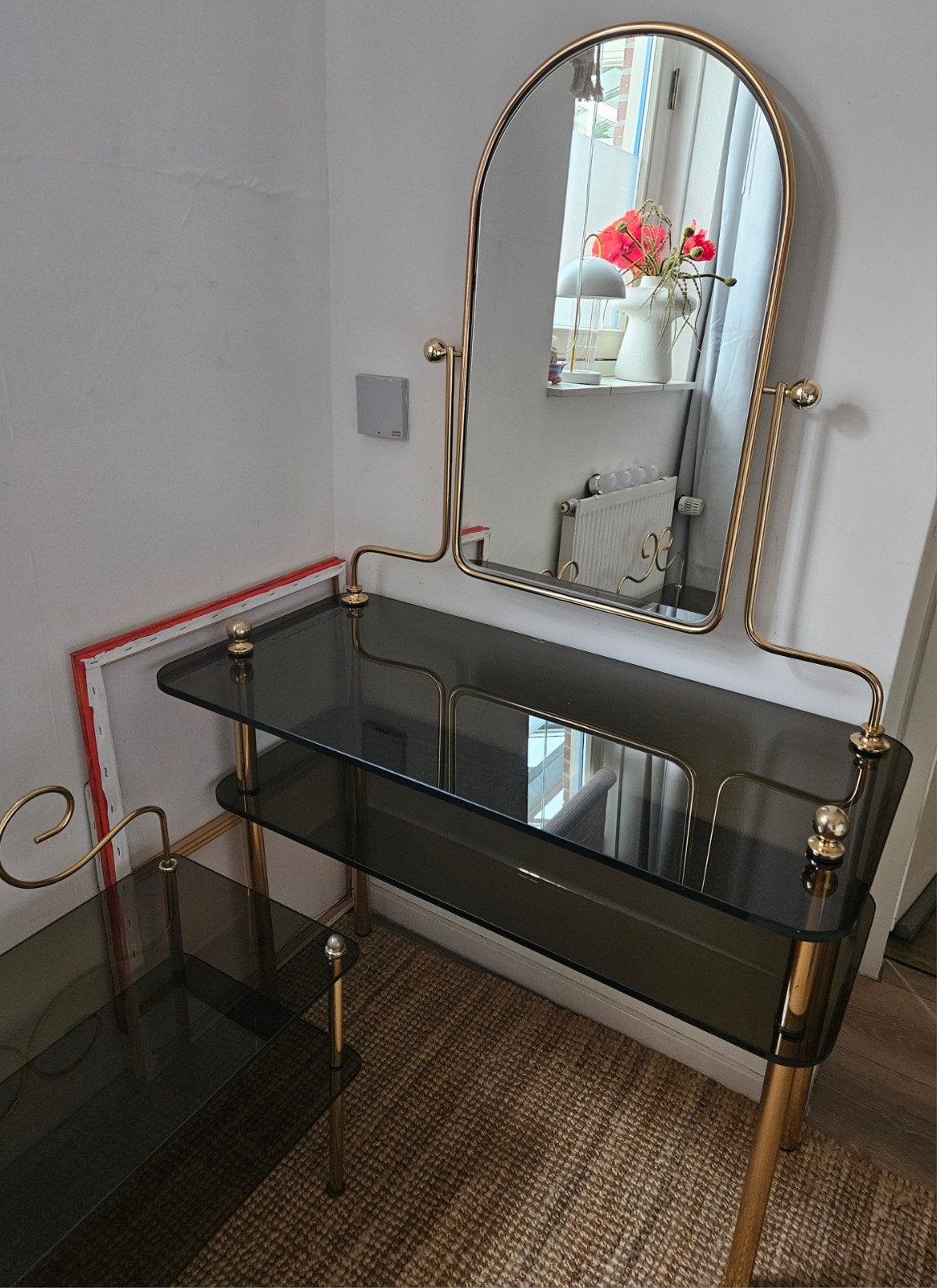 Prachtig vintage set kaptafel, bed tafeltjes, wandlampjes., Ophalen, 50 tot 100 cm, Minder dan 100 cm, Glas