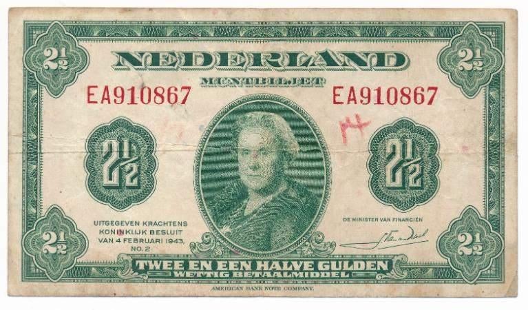 Nederland 2,5 Gulden Muntbiljet 1943, Ophalen of Verzenden, 2½ gulden, Los biljet