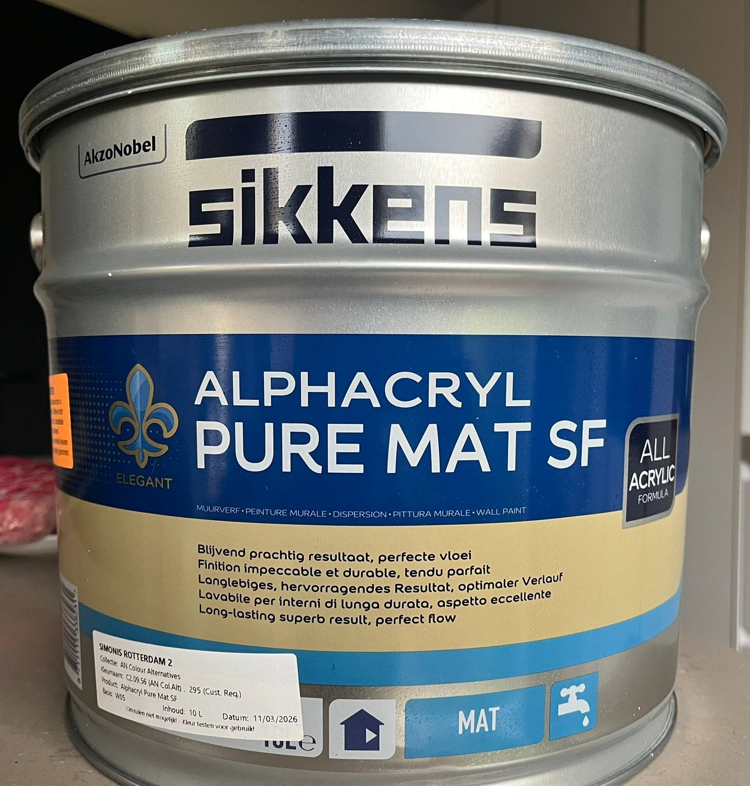 Sikkens Alphacryl Pure Mat 10 liter (roze tint), Ophalen, 5 tot 10 liter, Nieuw, Verf