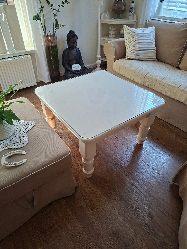Salontafel met lade en glasplaat op maat, Ophalen, Gebruikt, 50 tot 100 cm, Vierkant