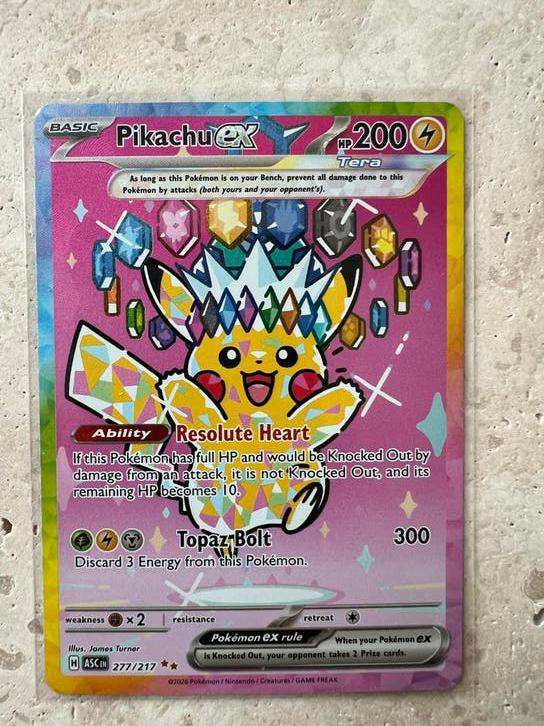 Pikachu ex 277/217 Pokémon kaart, Ophalen of Verzenden, Zo goed als nieuw, Losse kaart