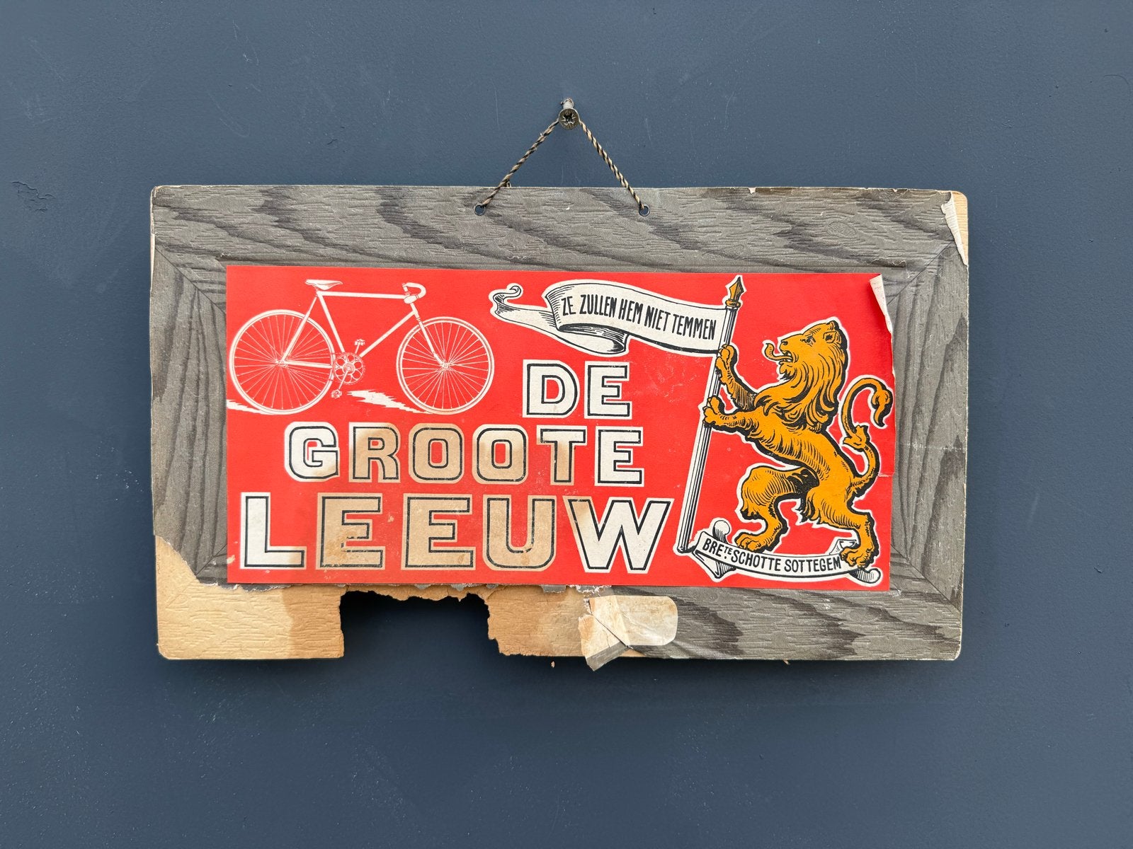 Vintage reclamebord "De Groote Leeuw" fietsen, Antiek en Kunst, Ophalen of Verzenden
