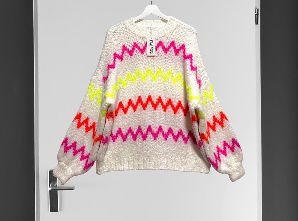 Italy Moda -Trui  met neon zigzagpatroon one size, Verzenden, Nieuw, Maat 38/40 (M), Wit