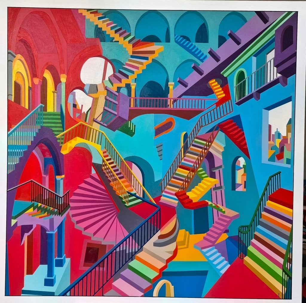 Kleurrijk surrealisme schilderij Acryl op hout 95  95 cm, Ophalen, Hout, Acrylverf, Abstract
