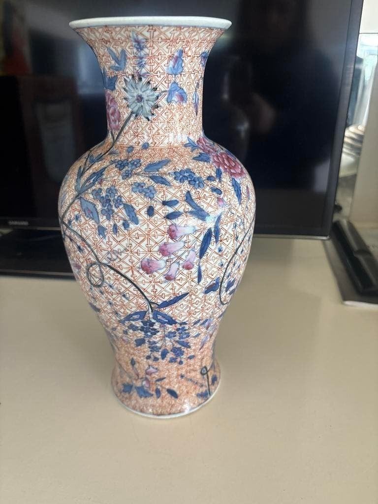 chinese famille Rose Vaas bloemen & ruitdecor 20 eeuw, Ophalen of Verzenden