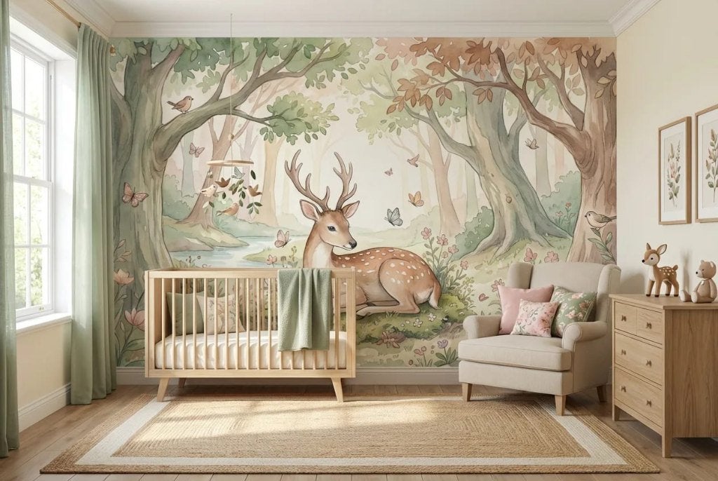 Behang babykamer – rustend hert in een licht sprookjesbos, Overige merken, Groen, Ophalen of Verzenden, Fotobehang