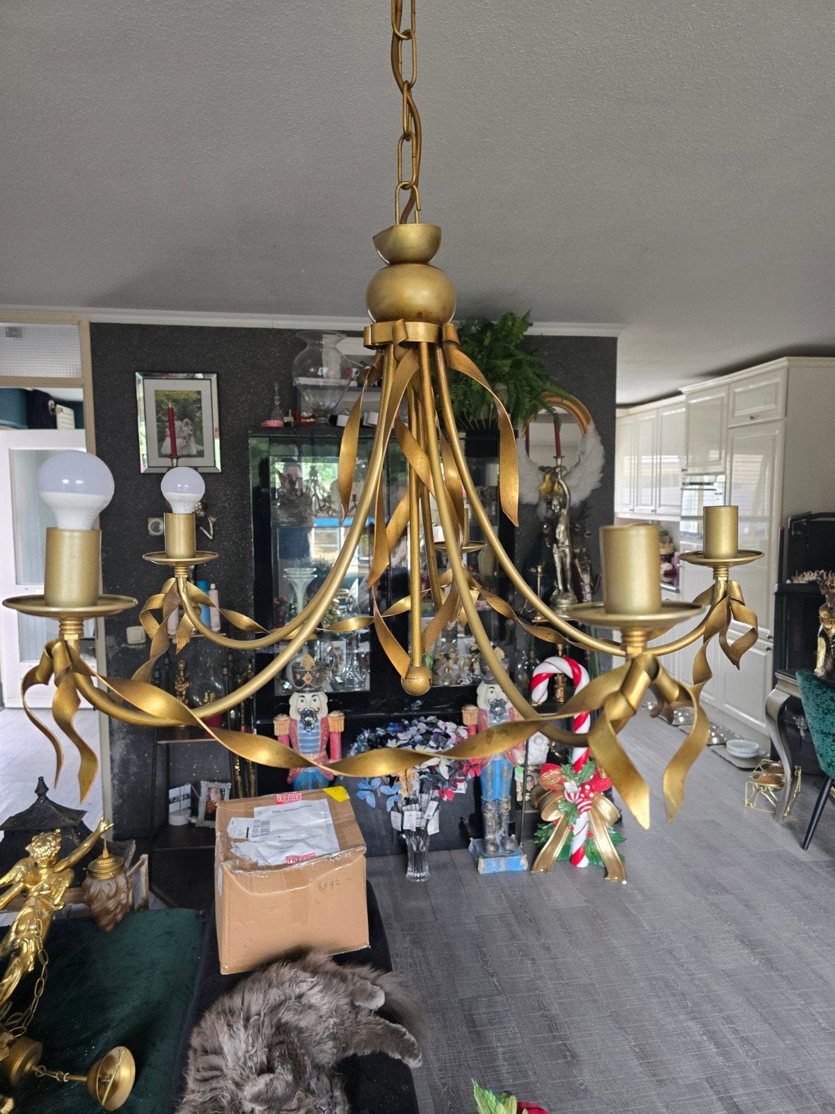 Schitterende goudkleurige hanglamp met 5 lichtpunten, Huis en Inrichting, Ophalen, Klassiek, Modern, Elegant, E27 (groot), Zo goed als nieuw