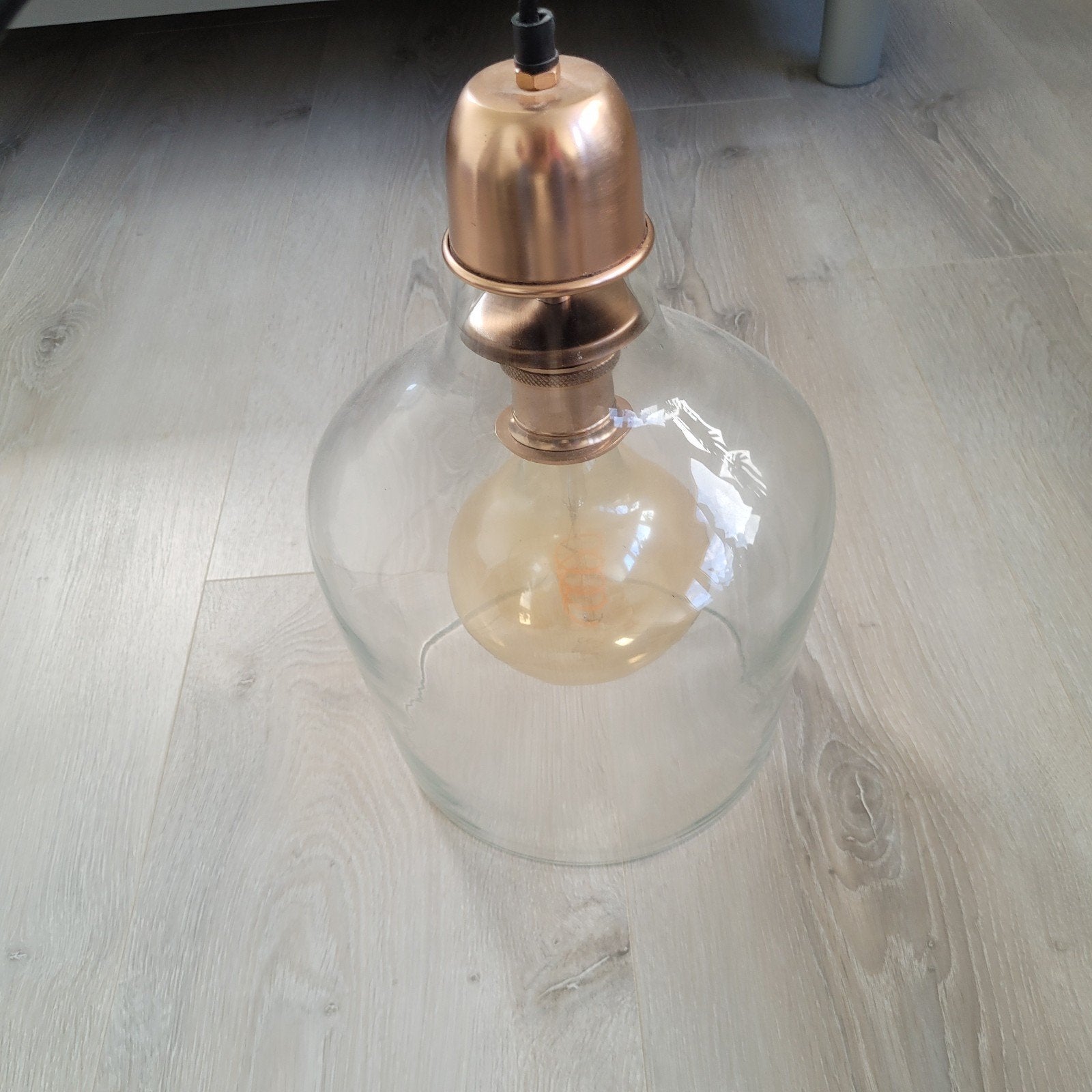Glazen hanglamp met koperen fitting, Ophalen, Minder dan 50 cm, Modern, Industrieel, Zo goed als nieuw