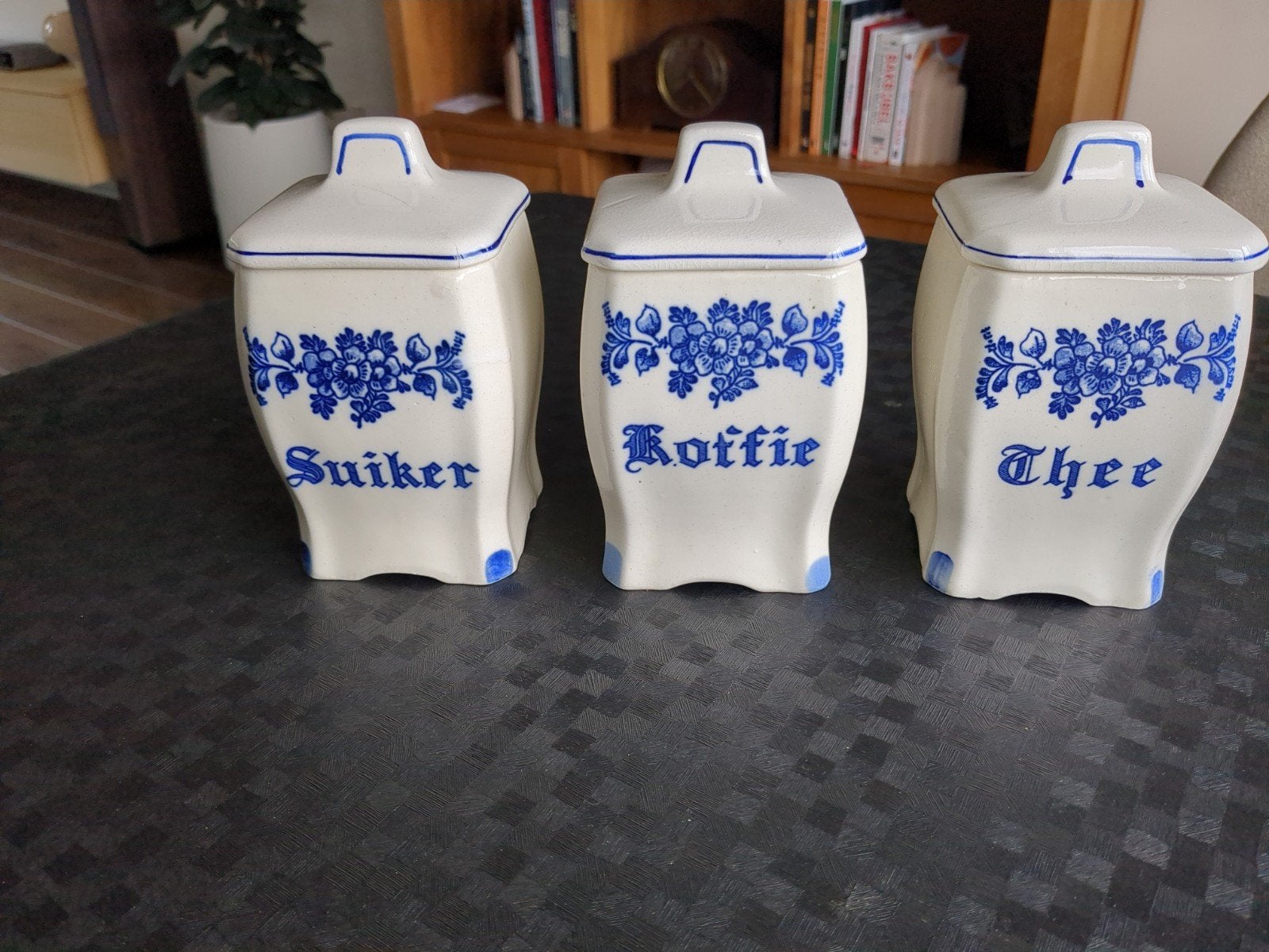 Vintage Look Blauw Voorraadpotten Set (Suiker, Koffie, Thee, Antiek en Kunst, Ophalen